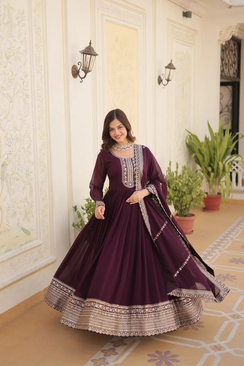 wine anarkali gown with dupatta outdoor full length