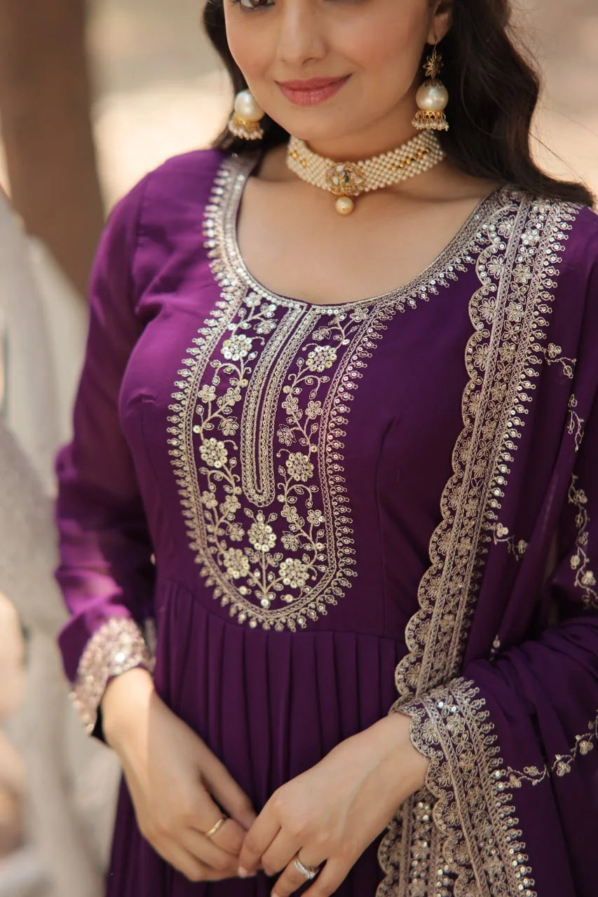 wine anarkali gown with dupatta full view chicorawear