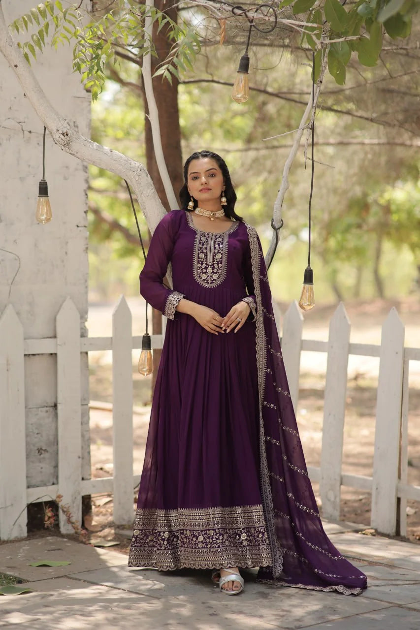wine anarkali gown neck embroidery sequin zari detail