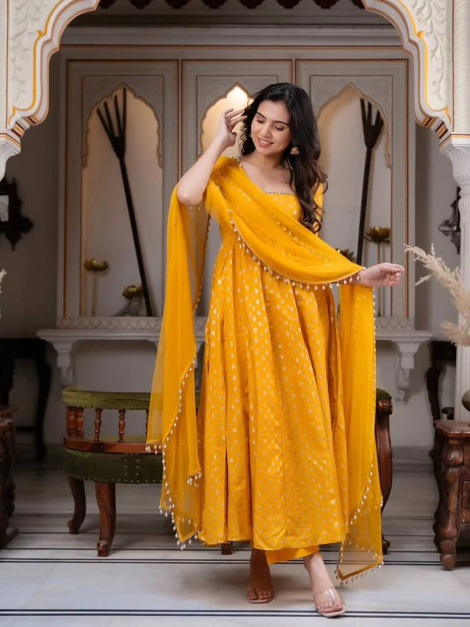 yellow anarkali set with dupatta full flare front view