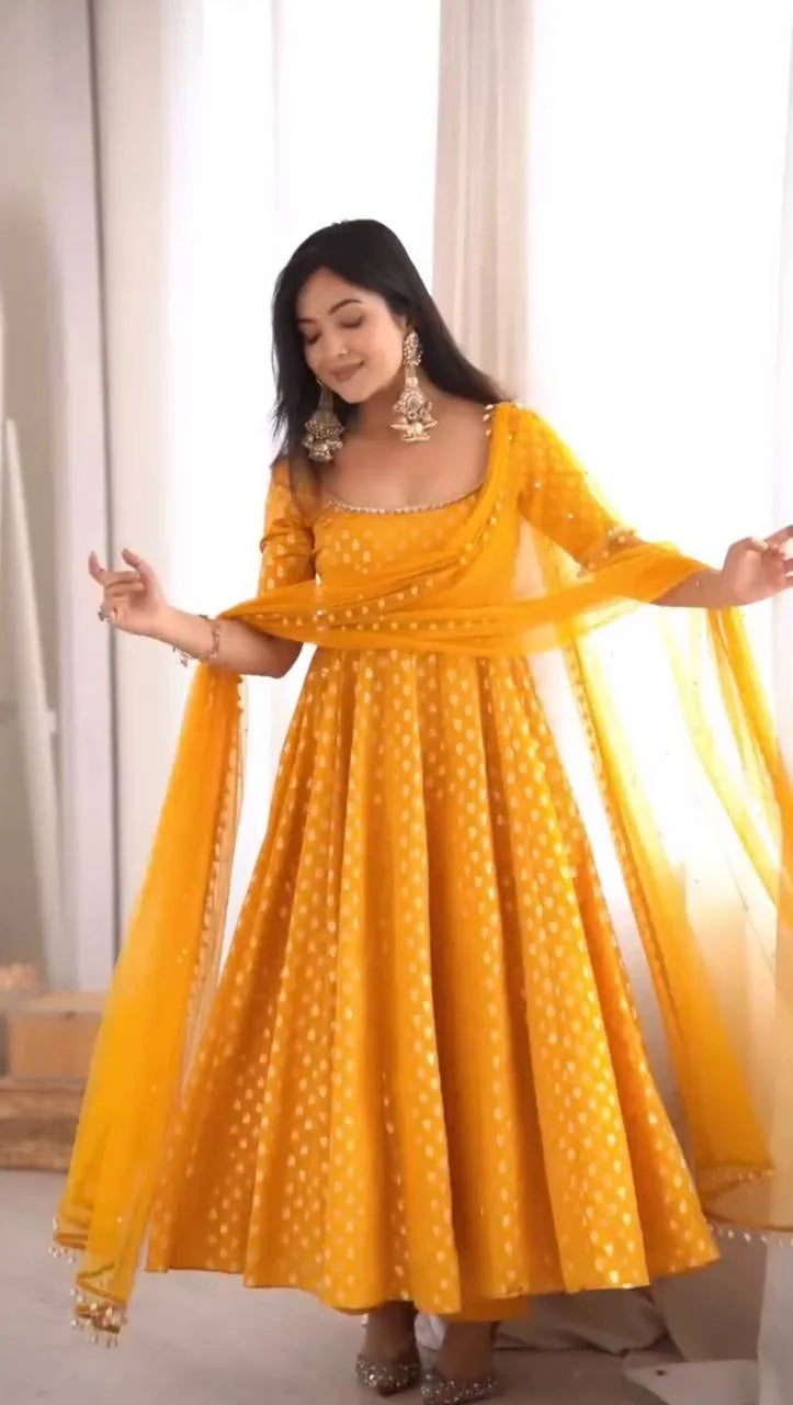 yellow anarkali set with dupatta full view dancing