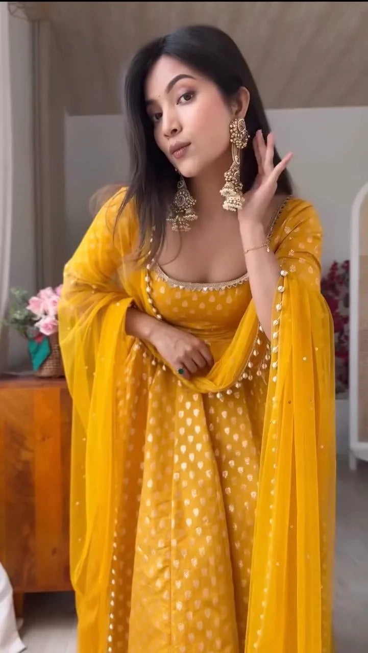 yellow chanderi anarkali set portrait mirror work lace