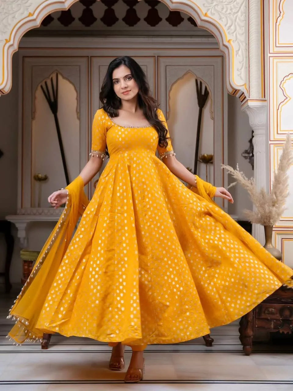 yellow chanderi anarkali set twirl skirt dupatta