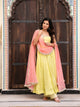 yellow crepe anarkali with peach dupatta side drape festive look