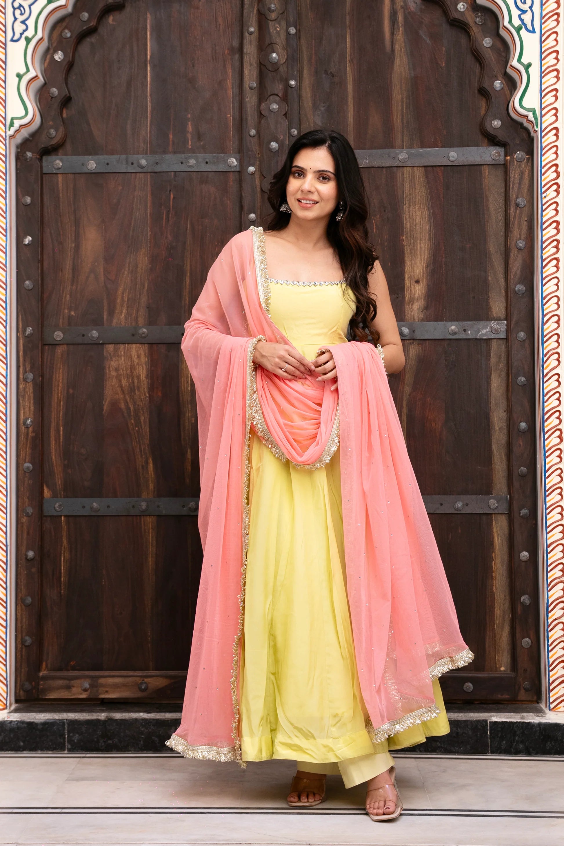 yellow anarkali suit set with dupatta stone neckline front view