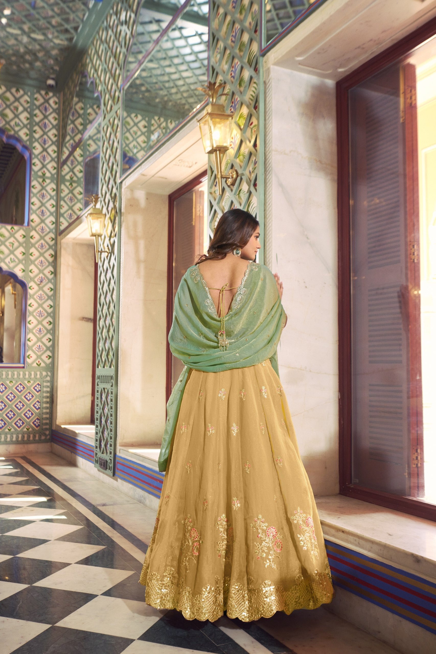 yellow nc moss lehenga choli set back view scalloped hem sequin border