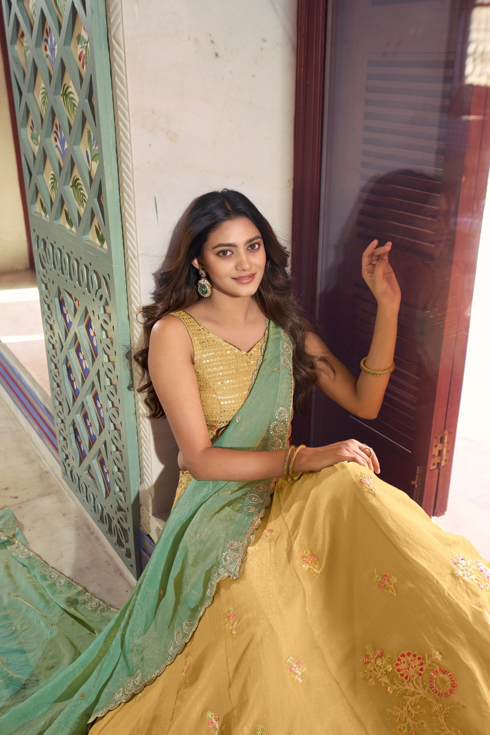 yellow nc moss silk lehenga choli set blouse sequin embroidery detail
