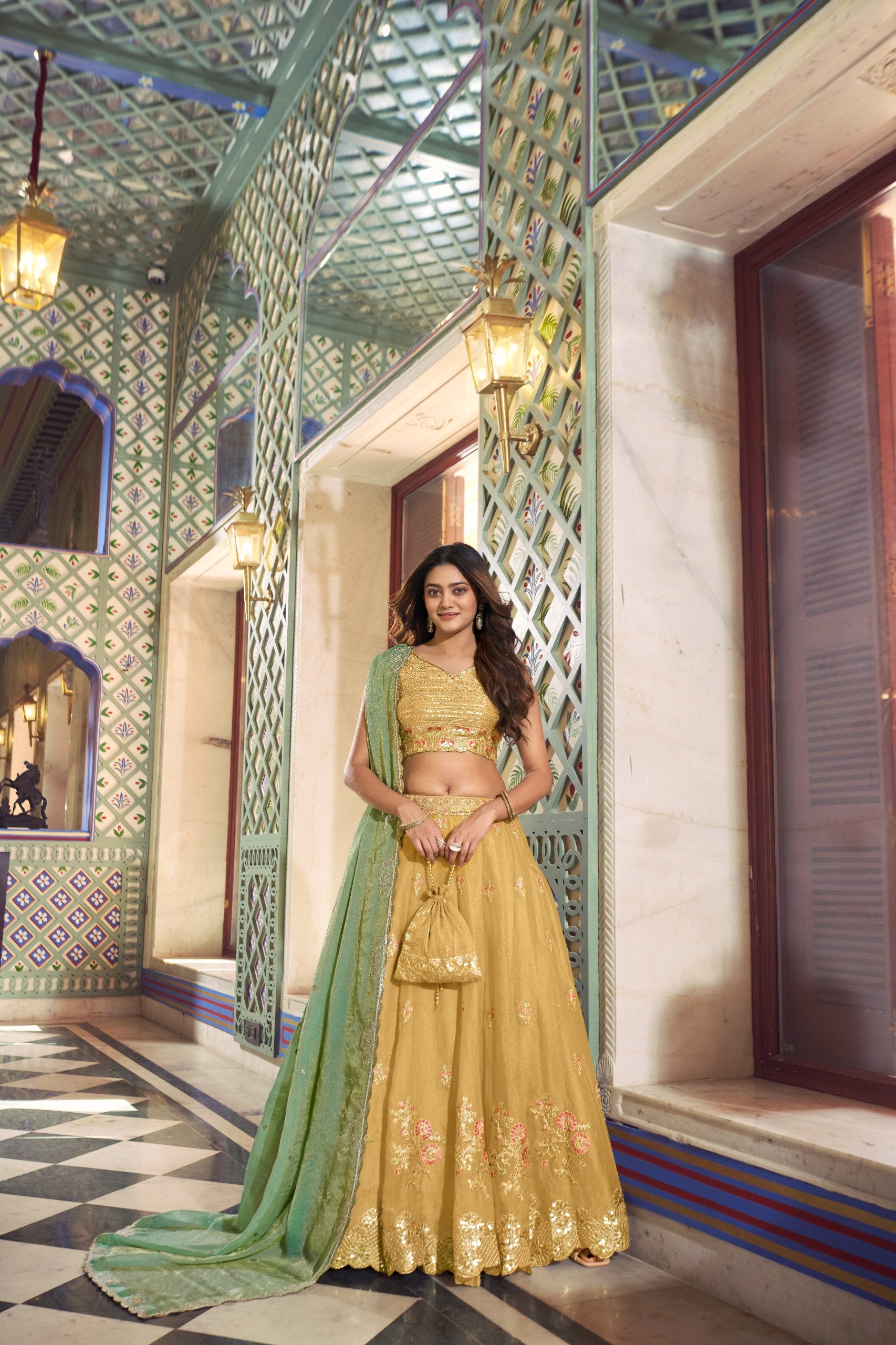 yellow nc moss silk lehenga choli set mint green dupatta full length
