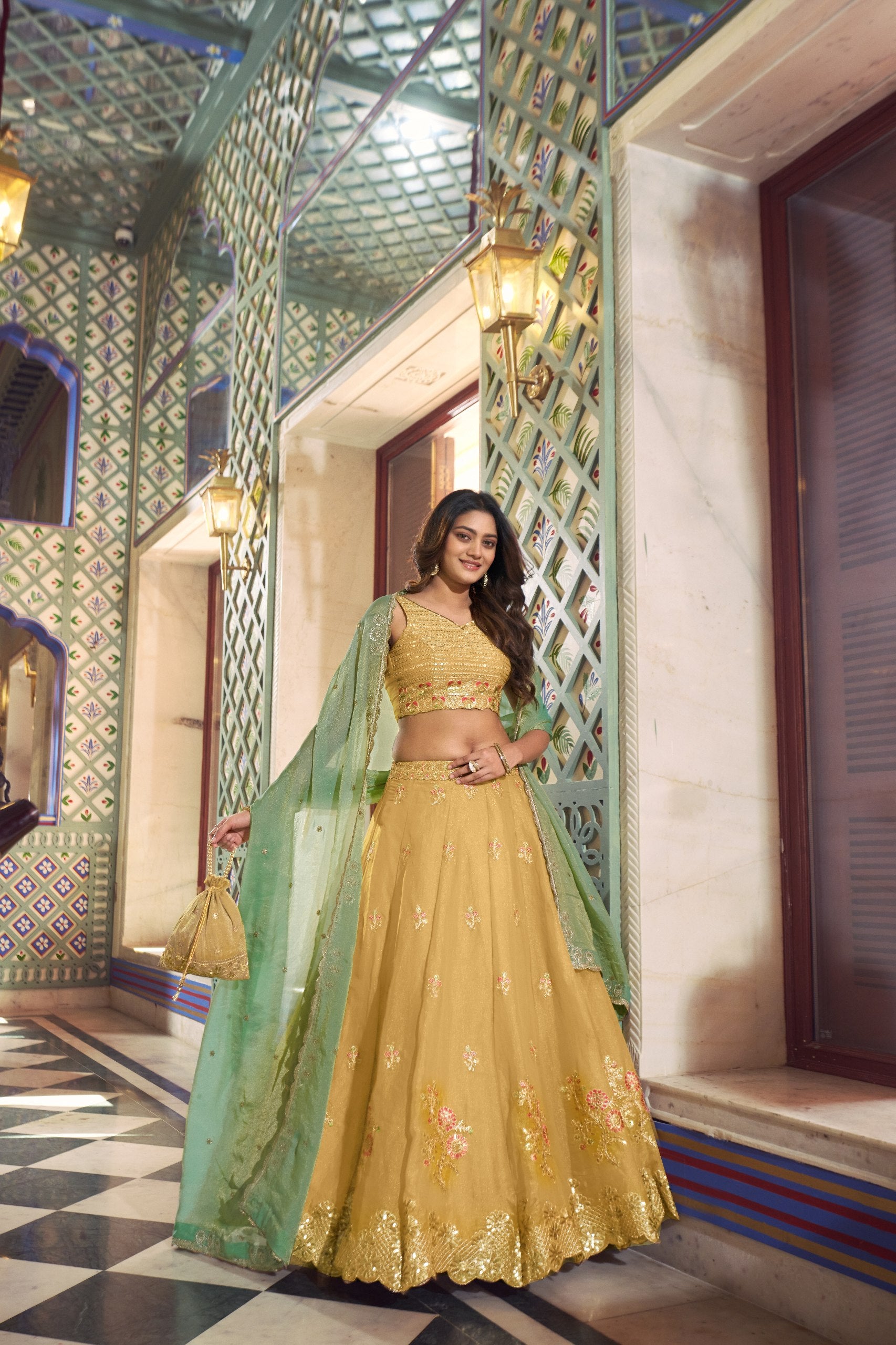 yellow nc moss lehenga choli set full view 4 meter flair festive look